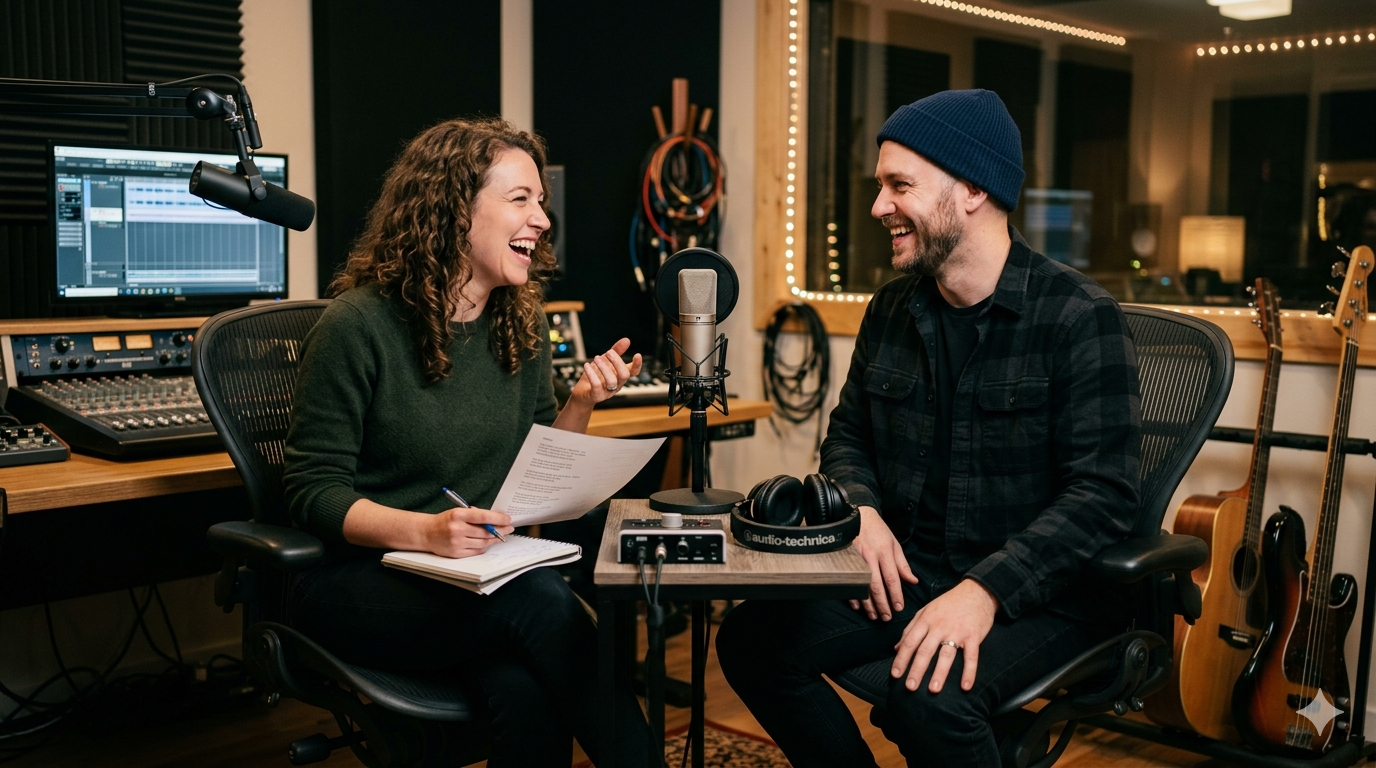 Two artists laughing together in a recording studio